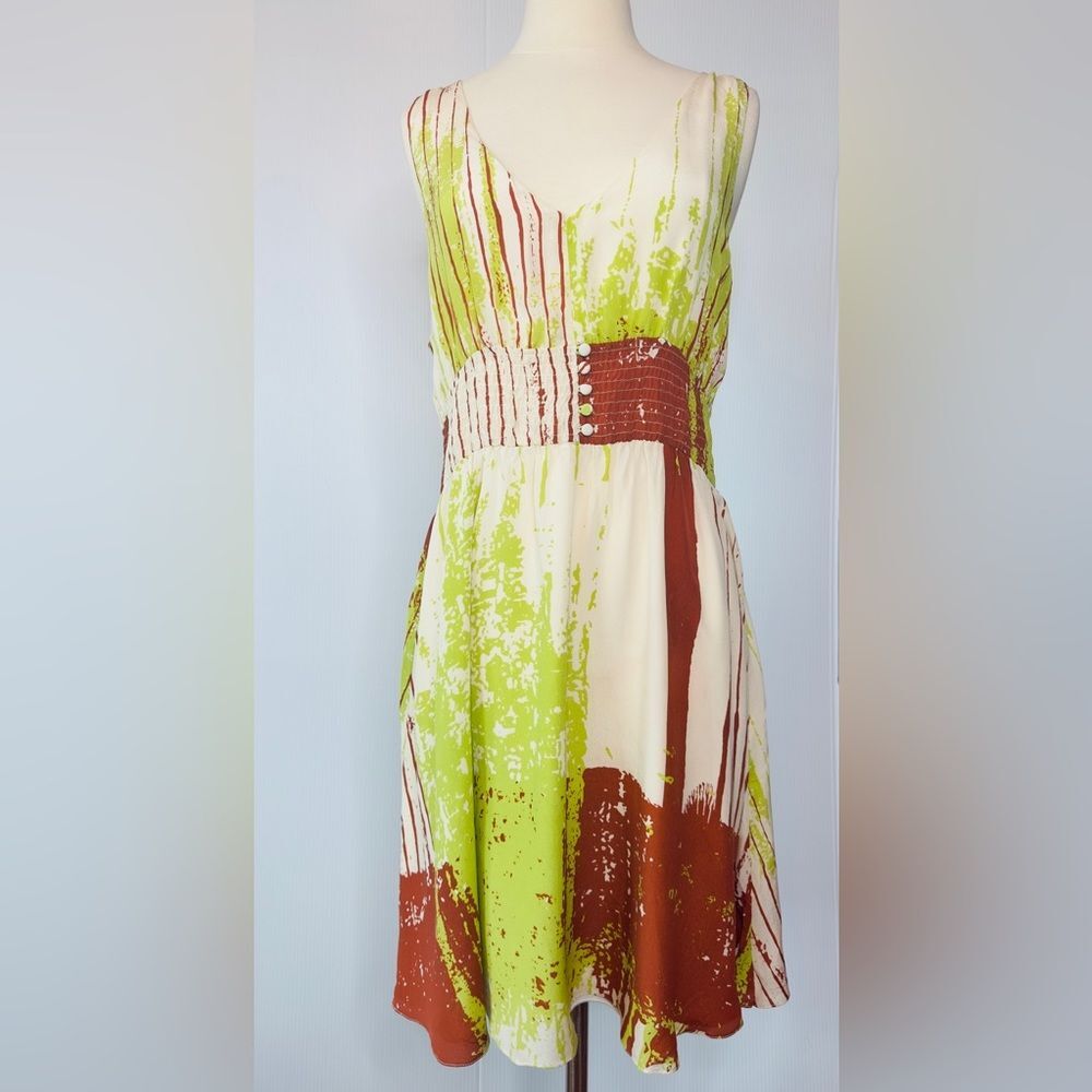 Walter Dress 100% Silk Green,cream, Brown